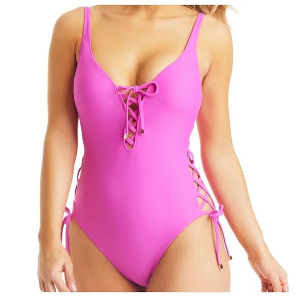 Bar Iii XL One-Piece Swimsuit Lace-up Corset Bathing Suit Core Solid Swimwear - Picture 1 of 5
